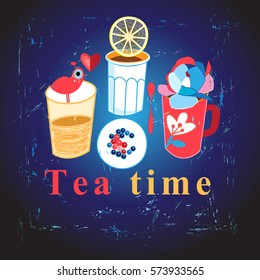 Vector illustration of cups with tea on a dark background