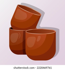 Vector illustration of cups. Three brown clay stacked cups for tea isolated on light background.