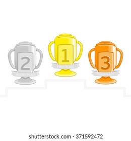 Vector illustration of cups winners of the competition first, second and third place. Cups winners of gold, silver and bronze.