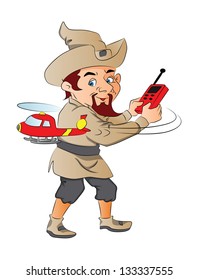 Vector illustration of a curious elf playing with remote controlled toy chopper.