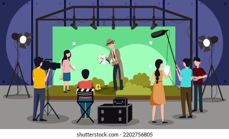 Vector Illustration Of A Curious Filming Detective Movie. Cartoon Illustration With Crew, Actors, Stage, Camera And Lighting.