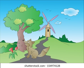 Vector illustration of curious fox on path leading towards windmill, nature background.