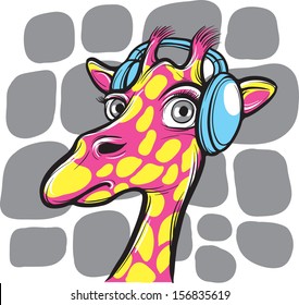 Vector illustration of curious giraffe with headphones. Easy-edit layered vector EPS10 file scalable to any size without quality loss. High resolution raster JPG file is included. 