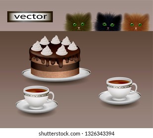 Vector illustration of curious kittens want to eat, cake on the table with cups of tea, coffee or cocoa 3D drawing