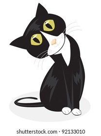 Una ilustración vectorial de un curioso gato de esmoquin sentado y inclinando su cabeza sobre un fondo blanco.