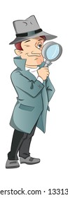 Vector illustration of curious male detective looking through magnifying glass, isolated on white background.