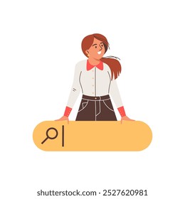 Vector illustration with a curious woman looking around with a search bar. The illustration shows her excitement in searching for information over the Internet