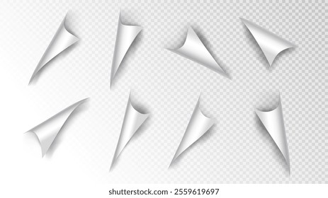 Vector illustration. Curled paper page corners. Flipping paper sheet edges. Sticker with folded corners. Realistic foil curls with shadow on a transparent background. Design for ad, poster, coupon
