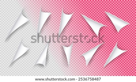 Vector illustration. Curled paper page corners. Flipping paper sheet edges. Sticker with folded corners. Realistic foil curls with shadow on a transparent background. Design for ad, poster, coupon