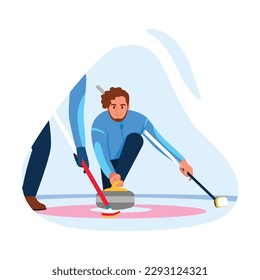 Ilustración vectorial del juego de curling. Escena de caricatura con un hombre jugando a la risita en el hielo y lanzando el disco con la ayuda de pinceles al blanco aislado en un blanco. Un juego sobre hielo entre equipos.