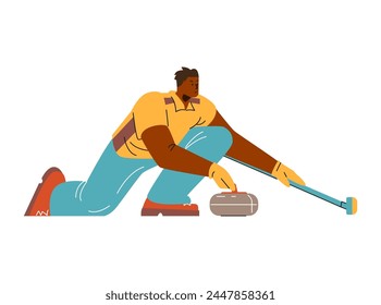 Ilustración vectorial de curling con un joven rizador masculino deslizándose sobre hielo con una piedra y un cepillo profesional, detalles de equipos y equipos para entusiastas y profesionales