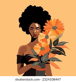 Vector illustration of a curly African American woman. Girl with flowers in her hands. Postcard poster banner women's day. Feminism. Vector flat illustration on gentle pastel background