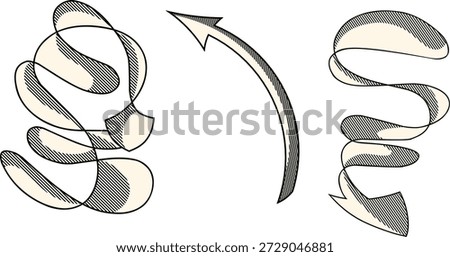 Vector illustration of curly arrows and flowing ribbons in a vintage etching style, perfect for directional signs and creative design elements.