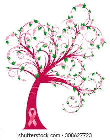 Vector illustration of curly breast cancer awareness tree.