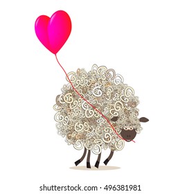 Vector illustration of curly fluffy sheep with red balloon heart