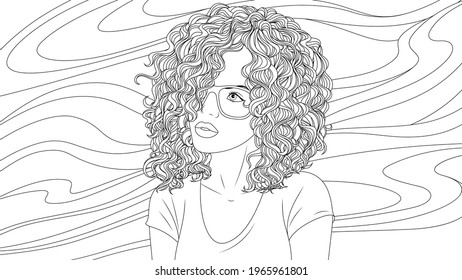 Vector illustration, curly girl with glasses, coloring book