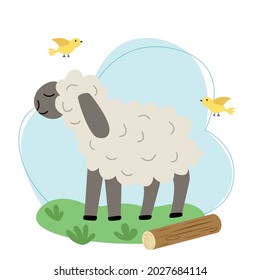 Vector illustration with a curly lamb against the sky and grass in the style of flat.