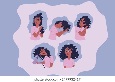 VECTOR ILLUSTRATION OF THE CURLY METHOD. GIRL COMBING HER CURLS WITH A DIFFUSER. LATIN GIRL SHOWING THE STEPS TO HAVE REFINED CURLS. Curly hair care process in steps.