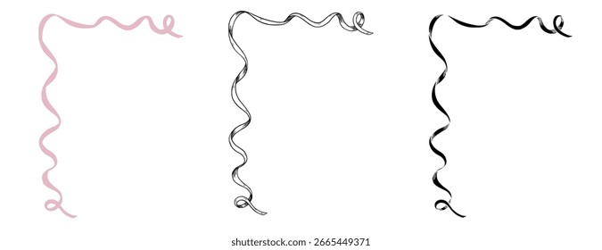 Ilustração vetorial da borda da Faixa encaracolada. Desenho linear de Quadros em tintas rosa e preta em plano de fundo isolado. Esboço de gravura para cartão de casamento ou convites de chá de bebê