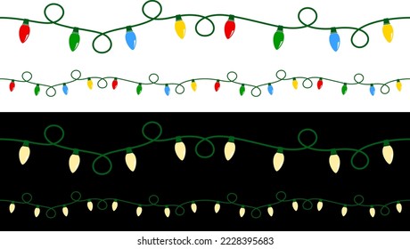 Vektorgrafik einer lockigen Kette von Weihnachtslichtern; eine farbige Schnur auf Weiß und eine cremefarbene Schnur auf Schwarz. Streicher können nahtlos miteinander verbunden werden, um längere Strings zu erzeugen.