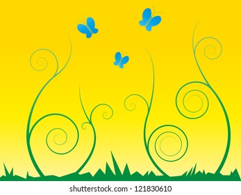 Vector Illustration of Curly Swirl Stems with Butterflies and Bright Gradients
