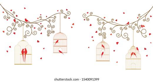 Vector illustration of curly tree branches with hearts, hanging bird cages, wild birds, budgies and parrots on white background. 