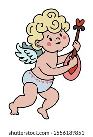 A vector illustration of a curly-haired cupid playing a lute, wearing heart-patterned shorts, isolated on a white background. Perfect for Valentine themes.