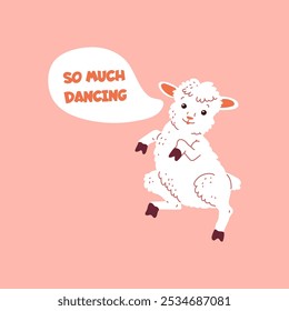 Vector illustration with a curly-haired white sheep dancing joyfully on a pink background. Perfect for decorating a party or a fun children's postcard design.