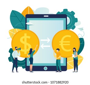 Vector illustration, currency converter, online money transfer, euro and dollar coins, mobile banking, finance, digital money market vector