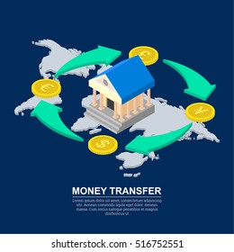 Vector illustration currency exchange. Coins dollar, euro, pound sterling, yuan in isometric style. Shooters of exchange. Transactions of a cash transfer. Bank cash.3d style.