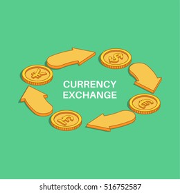 Vector illustration currency exchange. Coins dollar, euro, pound sterling, yuan in isometric style. Shooters of exchange.