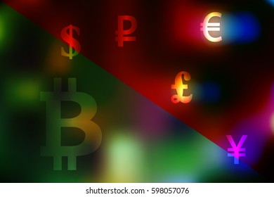 Vector illustration of a currency exchange concept with dollar, yen, pound, ruble, euro symbols on a divided green and red background.