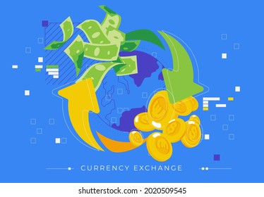 ilustración vectorial monedas de oro de cambio de moneda para efectivo en papel, cambio de dinero