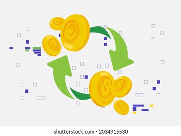 Vector illustration of the currency exchange of gold coins from dollars to euros, arrows, gold coins