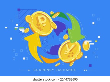 vector illustration currency exchange gold coin of the Russian ruble for the international currency Chinese yuan around the world