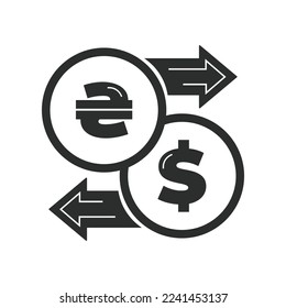 Vector illustration. Currency exchange. Money conversion. Hryvnia to dollar icon isolated on white background. Dollar to hryvnia exchange icon with arrow