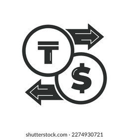 Vector illustration. Currency exchange. Money conversion. Dollar to Kazakhstani tenge icon isolated on white background. USD to KZT exchange icon with arrow. USD KZT