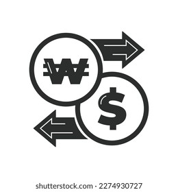 Vector illustration. Currency exchange. Money conversion. Dollar to won icon isolated on white background. Dollar to South Korean Won exchange icon with arrow. USD KRW