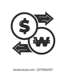 Vector illustration. Currency exchange. Money conversion. Dollar to won icon isolated on white background. Dollar to South Korean Won exchange icon with arrow. USD KRW