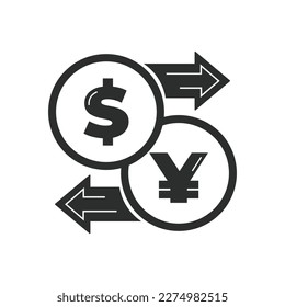 Vector illustration. Currency exchange. Money conversion. Dollar to yen yuan icon isolated on white background. Dollar to yuan exchange icon with arrow CNY JPY USD