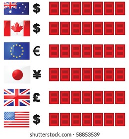 Vector illustration of a currency rate board, with six flags and currency symbols beside electronic number displays