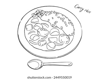 Vector illustration of curry rice hand drawn line drawing