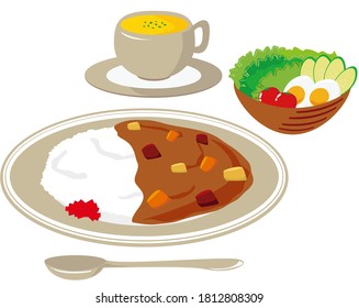 Vector illustration of curry rice with potatoes and carrots . 