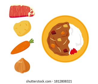 Vector illustration of curry rice with potatoes and carrots . 