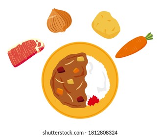 Vector illustration of curry rice with potatoes and carrots . 