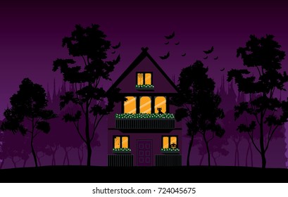 vector illustration of cursed house in the forest at Halloween night