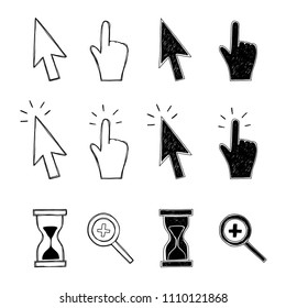 Vector illustration cursor, magnifier, hand and hourglass. Mouse icons in sketch vector hand-drawn illustration.