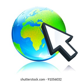 Vector illustration of cursor mouse hand pointing to glossy earth map globe