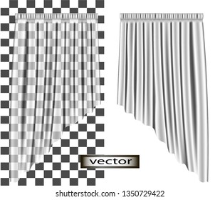 Vector illustration of the curtain transparent and white 3D, freely hanging shiny silk drapery on the window and wall