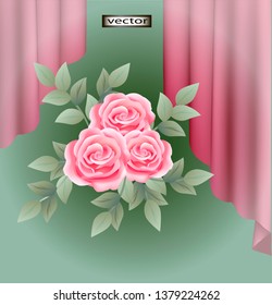 Vector illustration of curtains and a bouquet of roses on a green background